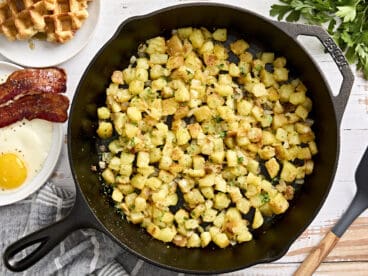 Overhead view of skillet breakfast potatoes.