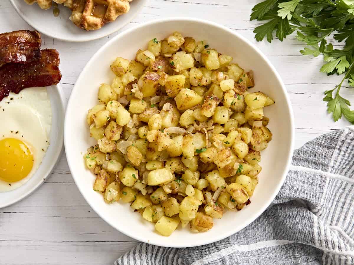 Overhead view of skillet breakfast potatoes.