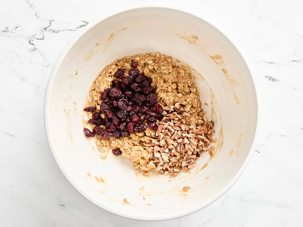 Dried cranberries and chopped pecans added to breakfast cookie batter.