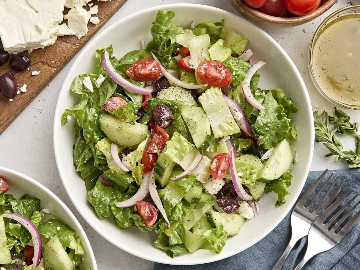 Overhead view of a bowl of greek salad.