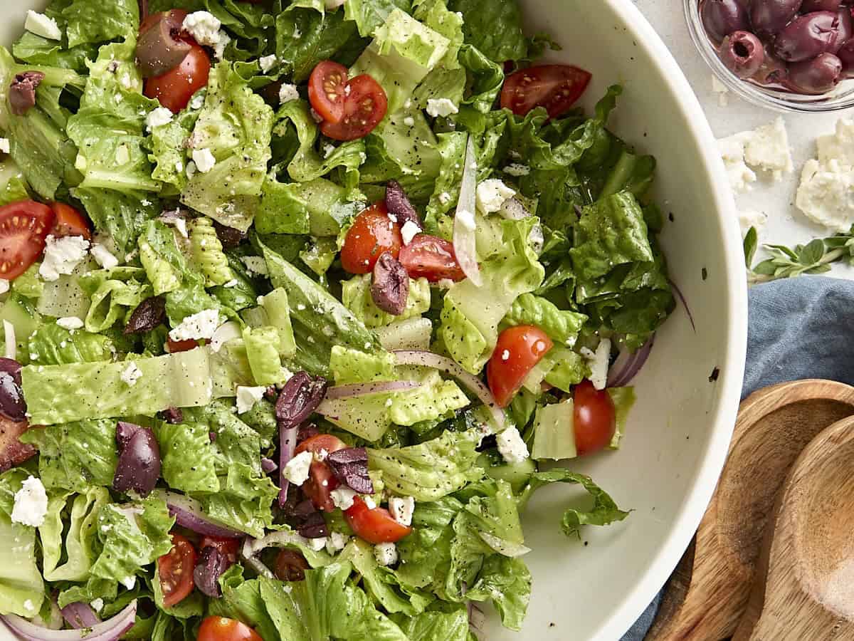 Overhead close up of a bowl of greek salad.