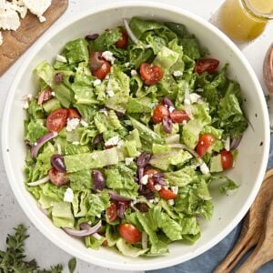 Overhead view of a bowl of greek salad.