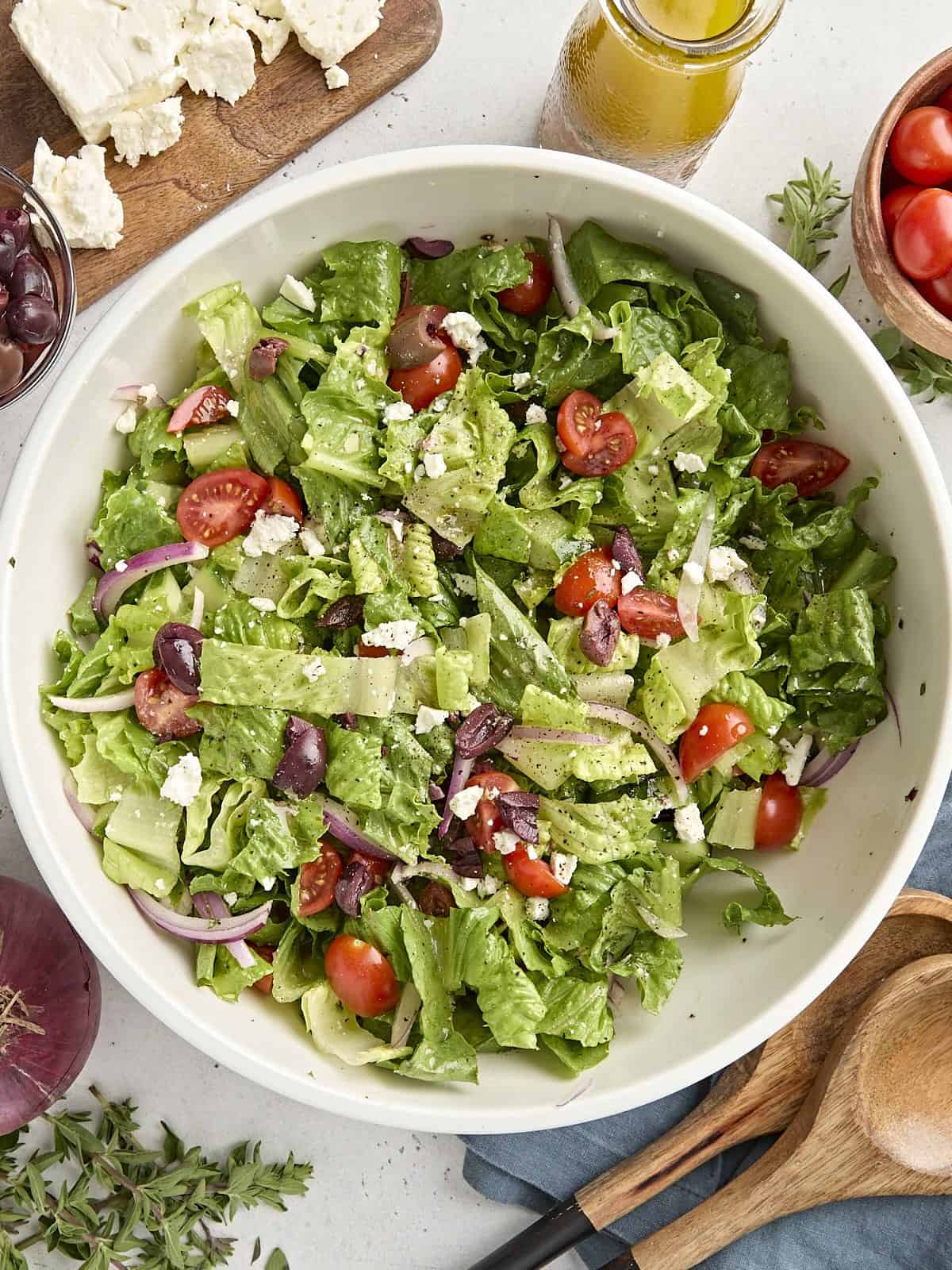 Overhead view of a serving bowl of greek salad.