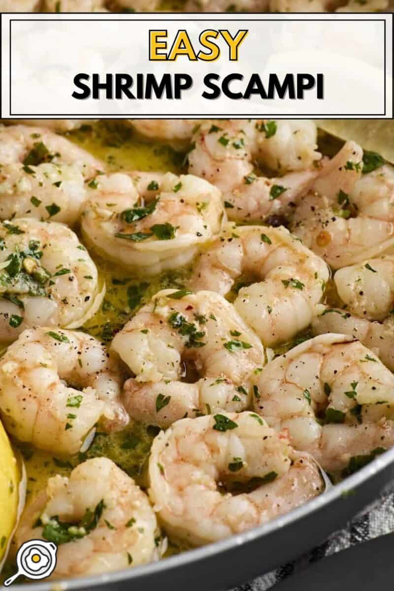 closeup of shrimp scampi with text overlay pin image