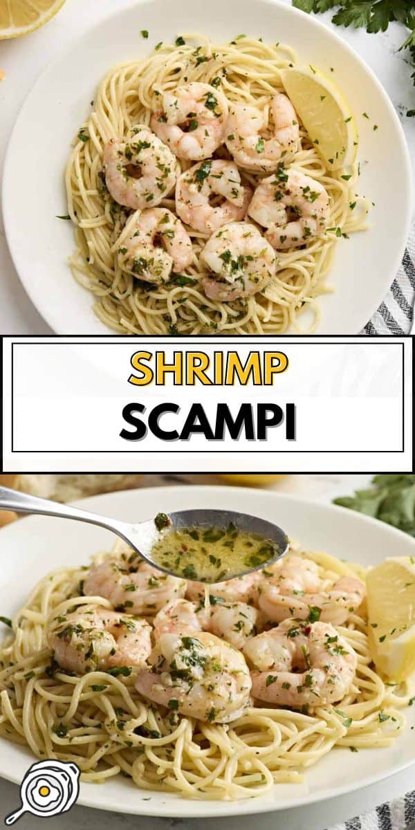 shrimp scampi on a white plate—side view and bottom down view with text overlay