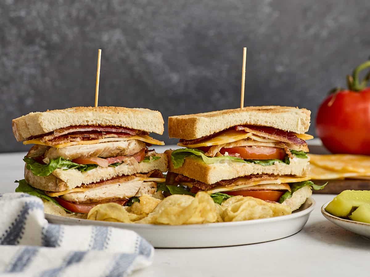 Side view of a chicken club sandwich on a plate with chips.